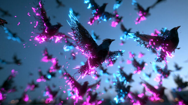 Flock of Glowing Neon Birds Flying in Sky