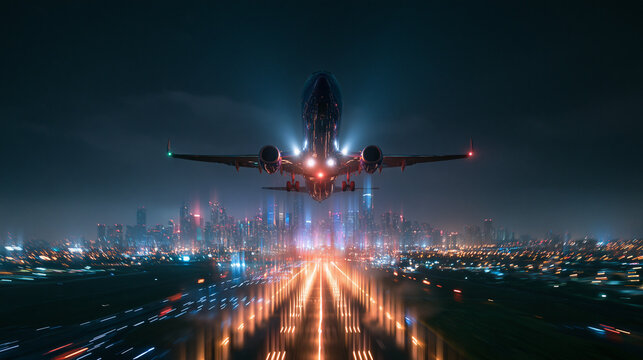 Airplane Taking Off at Night Over Illuminated City Skyline