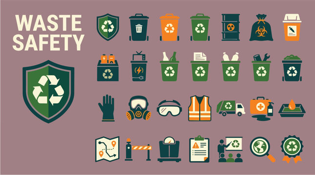 Waste, safety and recycling icons with garbage management for industrial hygiene, environmental protection and hazard control. Collection, equipment and symbols for disposal, trash and sorting.