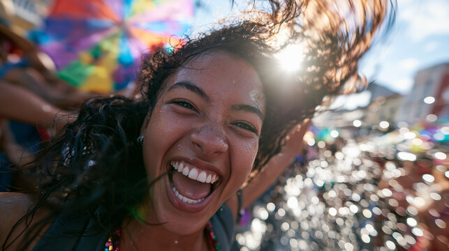 Joyful Young Woman Celebrating at Street Carnival Festival