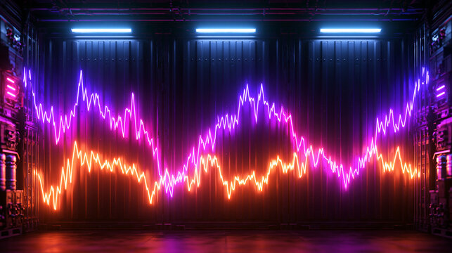 Glowing Neon Waveform and Audio Equalizer in Dark Studio