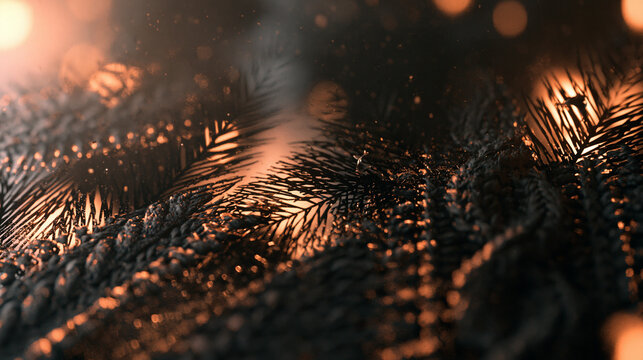 Christmas Pine Branches with Warm Glowing Bokeh Lights Background