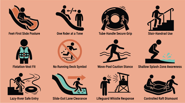 Water park safety, symbols and rules for leisure resort with pool etiquette, protection signs and aquatic center. Swimming icons, summer theme and warning labels for public attraction and fun