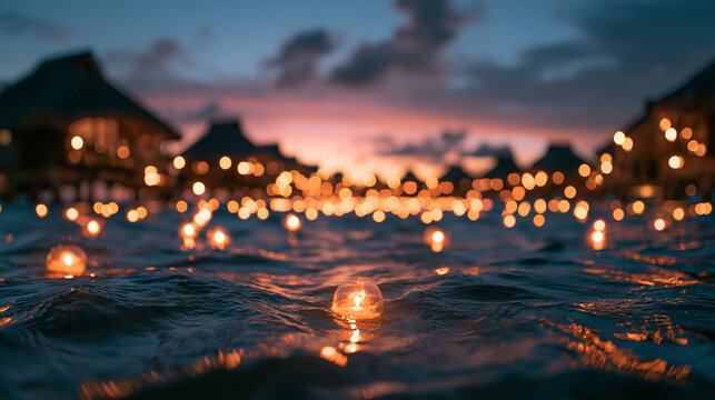 Floating Candles in Water at Tropical Resort at Dusk