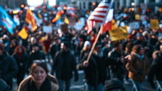 Crowd of Protesters Marching with Flags During Political Rally