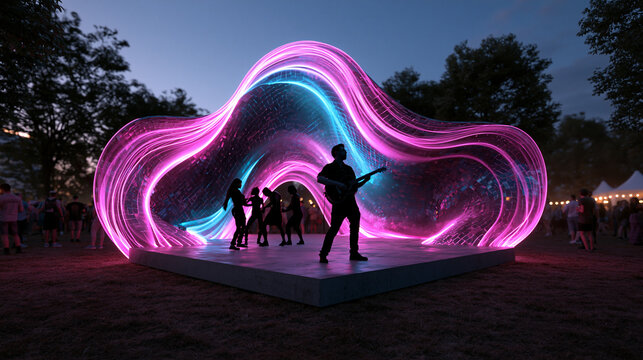 Guitarist Performing on Illuminated Neon Stage at Outdoor Music Festival