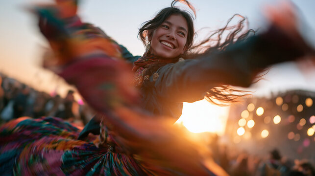 Happy Young Woman Dancing at Outdoor Music Festival at Sunset