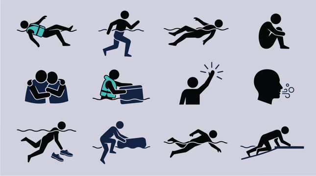 Water safety, drowning and rescue icons for swimming emergency, life jacket use and survival skills. Men, ocean and lake accidents with lifeguard help, floating and protection in deep sea risk.