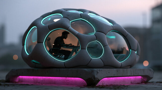 Futuristic Office Pod with Person Working Inside at Dusk