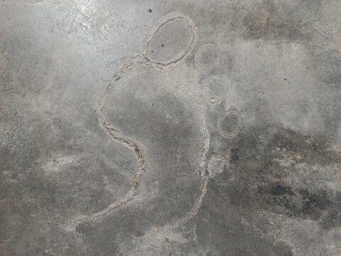 fA concrete floor surface featuring a distinct footprint impression, showing the outline of the heel, arch, and five individual toes embedded into the grey cement texture.