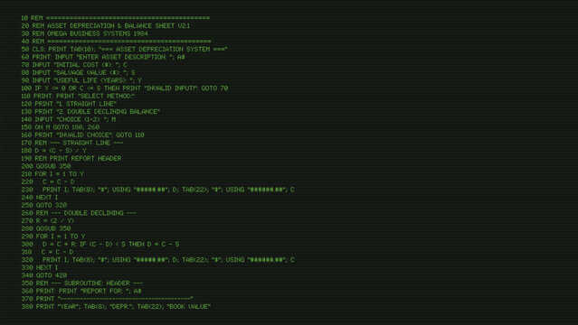 Retro monochrome green system overlay with business basic program