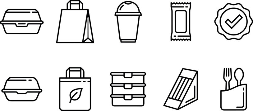 Eco food packaging vector icon set line art illustration of sustainable take out disposable container paper bag plastic cup delivery