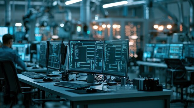 Smart factory control coding scene, industrial futurism, steel gray and cyan, cinematic photo, depth of field, automation concept. 