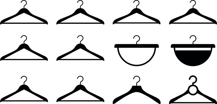 Clothes hanger black silhouette icon collection vector set for apparel retail shop closet organization wardrobe storage and boutique display