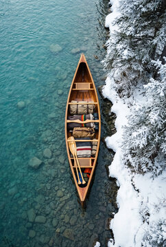 Top view of a classic wooden canoe loaded with camping gear and paddles, moored on the crystal-clear turquoise shore of a freezing lake next to a snowy winter forest.