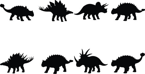 Black Dinosaur Silhouettes Featuring Stegosaurus, Triceratops, Ankylosaurus and Prehistoric Creatures for Educational and Creative Design © Rubina