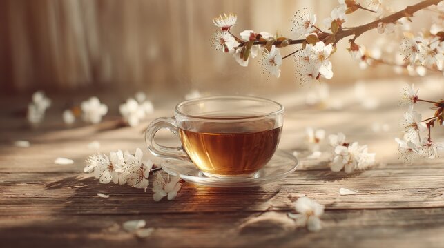 Tea and Spring Blossoms. A warm cup of tea sits on a rustic wooden table surrounded by delicate white spring blossoms and petals
