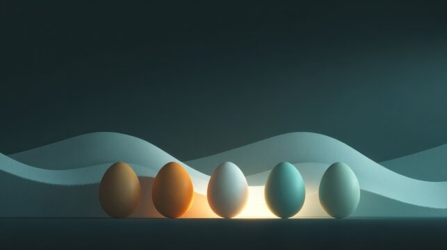 Five eggs, varying colors, sit atop wavy white layers against a dark background