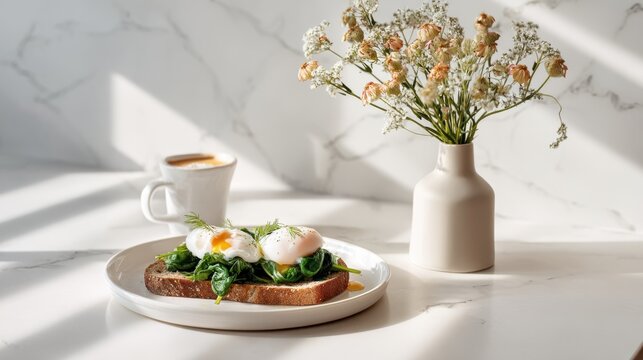 Poached Eggs on Toast Breakfast. A delicious and healthy breakfast featuring poached eggs on whole wheat toast with fresh spinach and a side of coffee