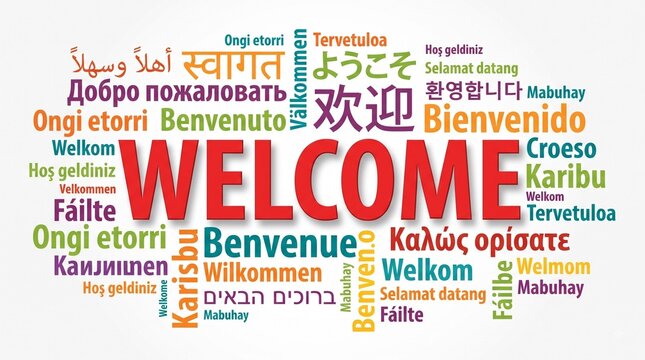 Multilingual welcome typography design featuring diverse global languages displayed in colorful word cloud composition with welcome written with languages prominent red