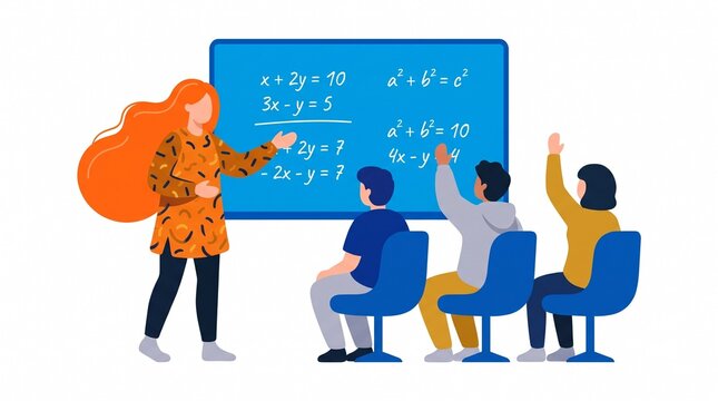 Mathematics teacher explaining equations to students in classroom setting during interactive lesson presentation with explaining complex mathematical