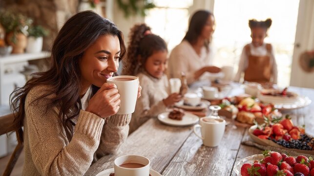 Family Enjoying Hot Chocolate Together. A mother smiles while holding a mug of hot chocolate at a table laden with pastries and fruit, with her children and another adult in the background