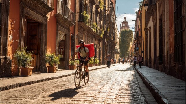 Delivery person on bicycle with red backpack on cobblestone street in historic city. Courier with large red insulated bag on his back rides bicycle down narrow cobblestone street lined old buildings