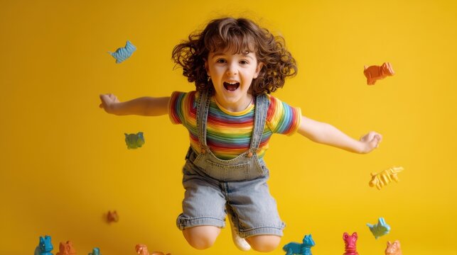 Joyful Kid Jumping with Toys. A young child with curly hair joyfully leaps in the air surrounded by colorful toy animals against a vibrant yellow background
