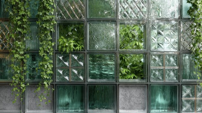 Greenery Through Textured Glass Blocks. A wall of varied glass blocks is partially covered by lush green ivy and reveals glimpses of foliage behind the textured panes