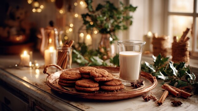Gingerbread Cookies and Milk. A festive holiday scene featuring gingerbread cookies, a glass of milk, cinnamon sticks, star anise, and twinkling lights