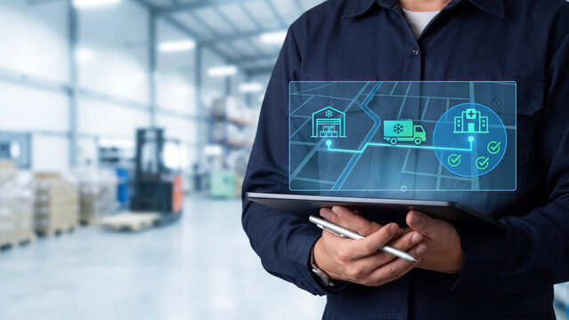 Cold Chain Logistics and Pharmaceutical Delivery Concept, worker using tablet with holographic route map of refrigerated warehouse, truck and hospital for medical supply management