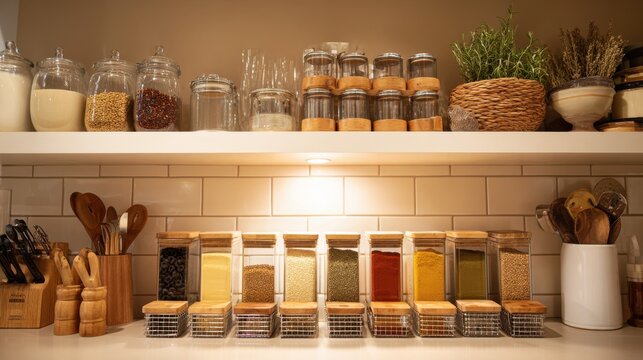 Organized Kitchen Spice Jars. A well-organized kitchen counter displays an array of glass jars filled with various spices and grains, neatly arranged on shelves