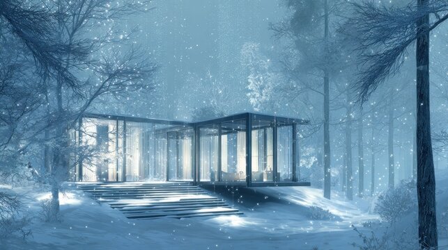 Modern Glass House in Snow. A contemporary glass-walled residence is nestled within a serene, snow-covered forest during a gentle snowfall