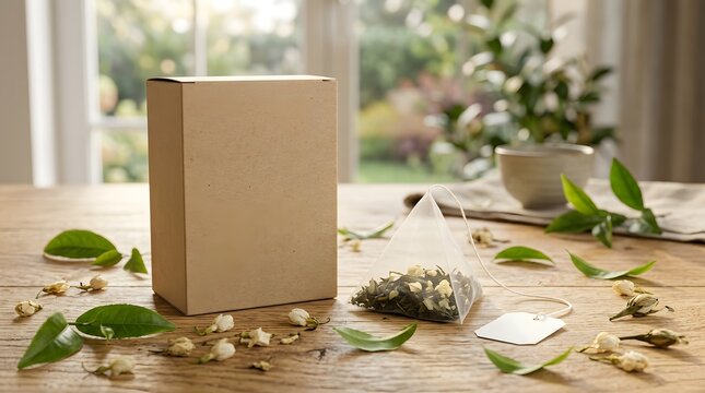 Natural kraft paper box with pyramid tea bag surrounded by dried jasmine flowers on wood.