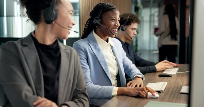 Call center, high five and business people in office for good news, crm or voip system training. Happy, celebration and technical support team in workplace with positive feedback, help desk or advice