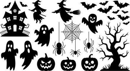 Fototapeta premium Set of black silhouette Halloween vector icons and spooky elements for seasonal design