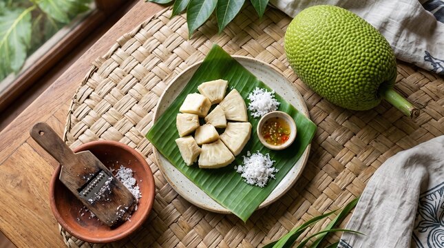 Breadfruit and breadfruit steam, sukun kukus dan kelapa parut