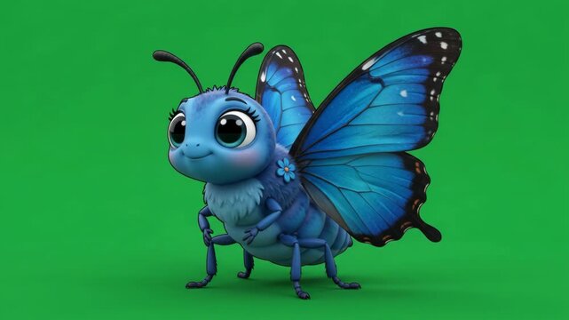 Cute blue cartoon butterfly with big eyes and antennae on a green background.