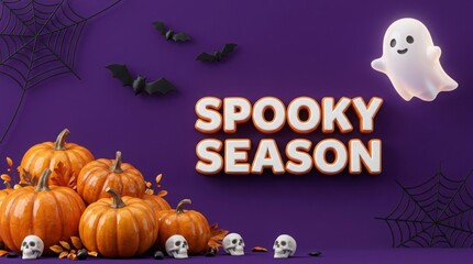 Fototapeta premium Halloween background with pumpkins, skulls, ghosts, and bats on a purple backdrop