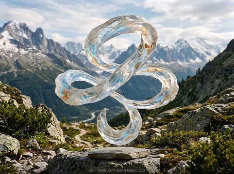 Glass sculpture with fluid looping shapes floats above a rocky mountain valley landscape.