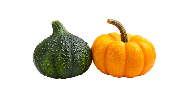 Green bumpy gourd and small orange pumpkin on grey