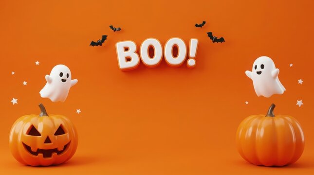 3d halloween background with ghosts, pumpkins, bats, and boo text on orange