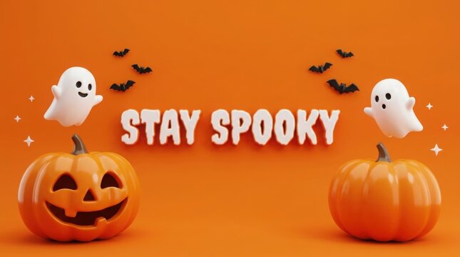 3d halloween background with ghosts, pumpkins, bats, and stay spooky text on orange