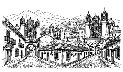 Obraz premium Guatemala Heritage Architecture Panoramic Cityscape Hand Drawn Black White Vector Illustration