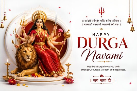 Happy durga navami celebration template featuring hindu goddess maa durga and sacred symbols festival religion template greeting celebration