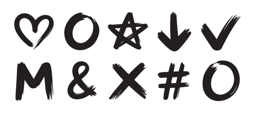 Hand drawn brush stroke icons, set of various shapes including heart, circle, star, and check mark.