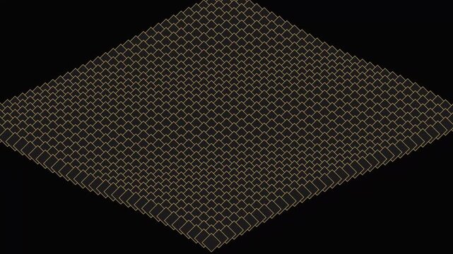 Abstract geometric motion background, with rotating gold-edged, black squares in, isometric grid pattern