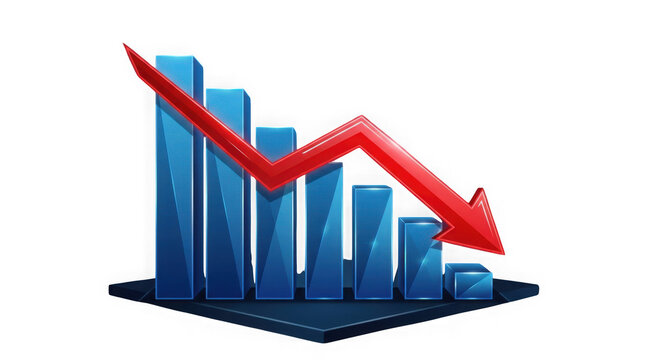 Financial market decline concept with decreasing blue bar chart and red downward arrow as cut out PNG