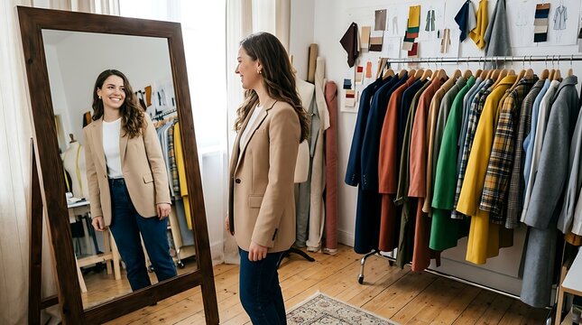 Happy woman trying on a stylish beige blazer looking at herself in a large mirror inside a clothing boutique shop