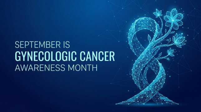 Gynecologic Cancer Awareness Month banner, teal ribbon with floral wireframe, September medical health campaign background